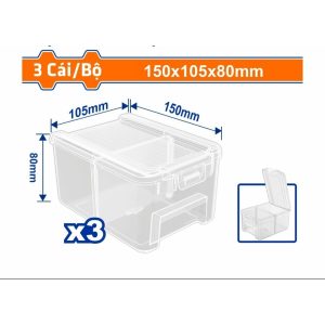 Bộ 3 hộp nhựa trong suốt chia ngăn 150x105x80mm Wadfow WTB8333